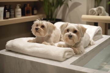 Two adorable dogs relaxing on soft white towels in a cozy, spa-like bathroom filled with natural light and luxurious amenities.