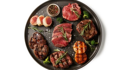 Wall Mural - Beef steak cooked on a grill set against a white backdrop Assortment of meat dishes presented on a plate from above