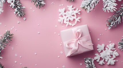 Wall Mural - winter themed christmas composition with white decorations gift box tied with a ribbon snowflakes on