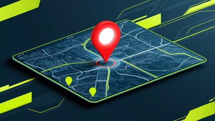 A digital GPS map displays a vibrant pin marking a specific location