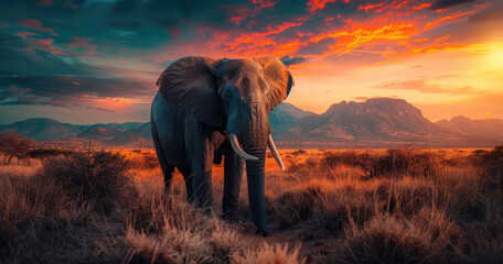 Wall Mural - A majestic elephant standing proudly against the backdrop of beautiful mountains, basking in the golden glow of sunset.