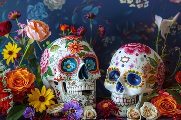 Wall Mural - Day of the dead beautiful colorful illustration, sugar skull decorated with flowers