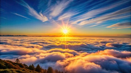Wall Mural - Sunrise over a sea of clouds with the sun rising above a peaceful and serene landscape, sunrise, sea of clouds, cloudscape