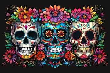 Sticker - Day of the dead beautiful colorful illustration, sugar skull decorated with flowers