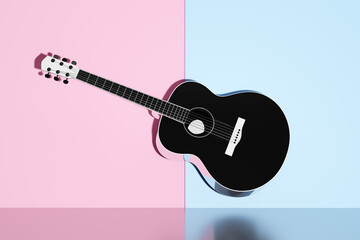 Wall Mural - Black acoustic guitar on pink and blue background