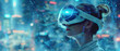© Uwe - Young woman wearing VR glasses with futuristic world background