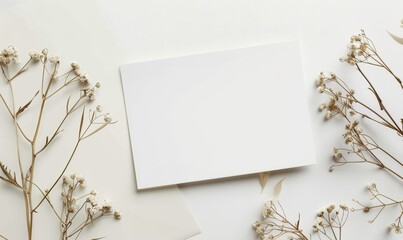 Blank paper card with flower background. Empty mockup letter, clear frame. Copyspace list, wedding decoration on table. Vintage love concept, minimal invitation