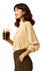 Sticker - PNG An Asian woman drinking boba tea sleeve adult cup.