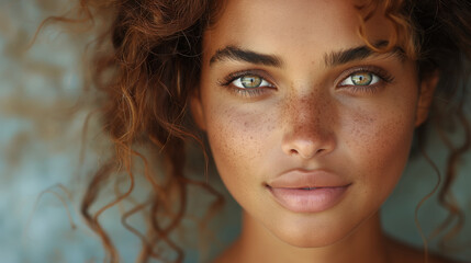 Wall Mural - Close-up of a girl's face in freckles with curly hair and green eyes