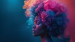 © saichon - Artistic Portrait of African American woman with Colorful Smoke Hair on dark blue background, copy space