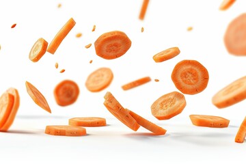 floating slices of carrot in the air isolate on White Background 