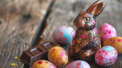 Easter themed image featuring vibrant dyed eggs and a chocolate bunny on a wooden surface
