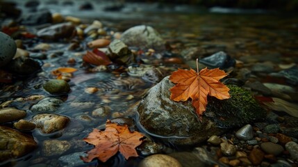 Wall Mural - Autumn Leaves in a Rocky Stream