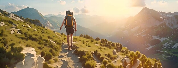 Wall Mural - Summer hiking challenge along scenic trails, hikers and outdoor adventures, 4K hyperrealistic photo. 4K Video