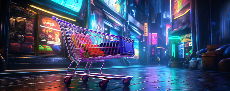 A shopping cart crafted from radiant neon and advanced tech elements, positioned within an abstract, dynamic environment that emphasizes movement, capturing the essence of futuristic shopping.