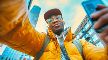 Wall Mural - A man wearing a yellow jacket and sunglasses takes a selfie photo against a backdrop of city buildings