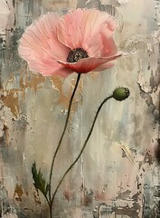 Sticker - Modern botanical art showcasing a lone pink poppy against a textured backdrop