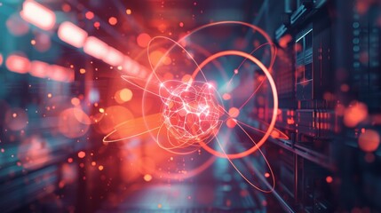 Wall Mural - A futuristic image of a schematic atom at the background of nuclear power plant, AI