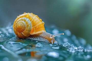 Sticker - A tiny rainforest snail, its shell a spiral of translucent beauty, glides slowly over a wet leaf, leaving a moisture trail that marks its steady progress.