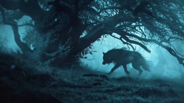 A wolf walking through a forest in the dark, AI