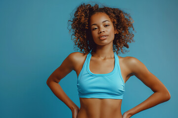 Wall Mural - Young woman with abdominal muscles on plain background, with blue clothes 