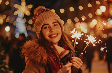 Wall Mural - Happy young woman in sweater with pattern holding sparklers at Christmas market