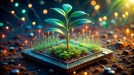 Futuristic microchip sprouts vibrant, ethereal botanical growth, symbolizing harmonious blend of technology and nature in digital realm.
