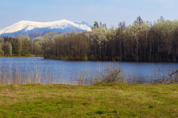 Wall Mural - spring landscape with lake and mountain