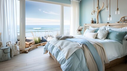 Wall Mural - A guest room with a serene, coastal theme, featuring a bed with light blue and white bedding, nautical decor, driftwood accents, and a large window with an ocean view.