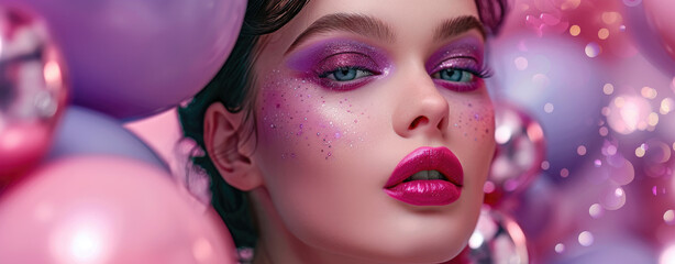 Wall Mural - A close-up of a woman with glamorous makeup, adorned in purple and pink hues, posing against a backdrop of glittery balloons at night