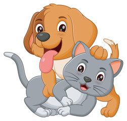 Wall Mural - Cute Cat And Dog Cartoon Playing Together. Animal Nature Icon Concept Isolated Premium Vector. Vector Illustration