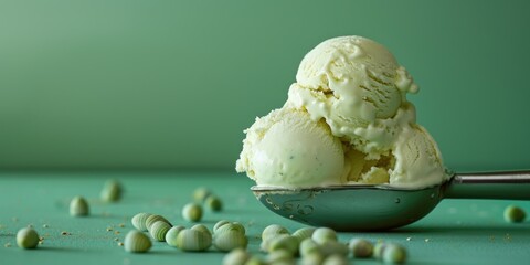 Wall Mural - Pistachio Ice Cream Scoops on a Green Background