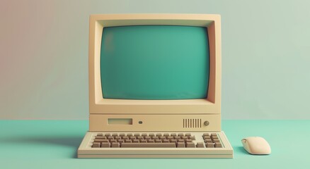 Retro PC monitor. Old 3D computer. Classic vintage personal computer. 1980s personal desktop screen