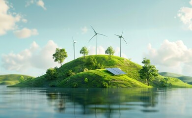 Wind energy. Alternative eco electricity plant on green landscape. Renewable power electric turbine. Windmill electricity generator. Environmental ecology concept