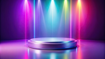 Wall Mural - Empty stage with cylindrical podium on soft purple background with rainbow crystal light reflections, cosmetic, products