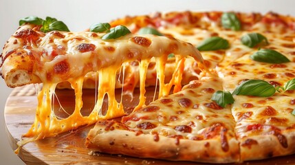 Wall Mural - A close-up of a pizza with a slice lifted, showcasing melted cheese