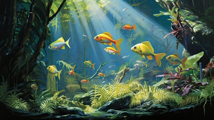 A classic oil painting depicting a school of neon tetras darting amidst lush greenery in a well-maintained aquarium, showcasing the vibrant colors and intricate details of underwater life