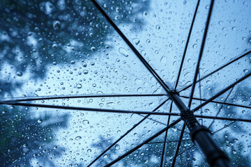 Canvas Print - Raindrops fall on clear umbrellas under a dry tree branch and heavy rain thunderstorms.