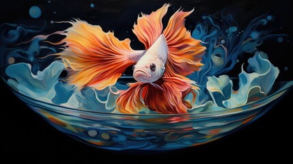 Wall Mural - A dreamy, Van Gogh-inspired painting of a betta fish with vibrant fins swimming gracefully in a bowl.