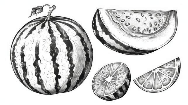Sketch of an isolated watermelon and fruit piece with ripe stripes