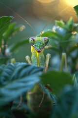 Wall Mural - Among the leaves, a praying mantis blends in perfectly, sitting in stillness and alertness. Its long limbs and keen eyes are ready to snatch any unsuspecting prey.