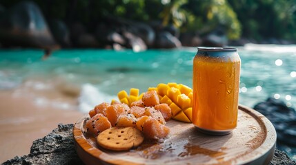 Sticker - A can of a drink and some food on the beach, AI