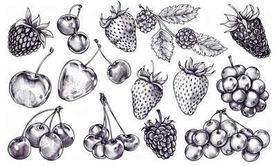 Wall Mural - Berry isolated sketches. Blackberry, cranberry, gooseberry, bilberry, grape and briar berry objects. Modern strawberries, raspberries, cherries, blueberries, blackberries, bilberries, and berries are