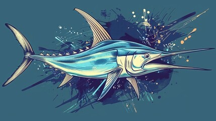 Custom printed marlin fish t-shirt with illustration. Atlantic blue or white marlin, tropical sea or ocean sporting fish, big five game trophy.