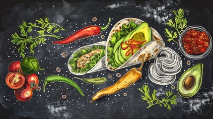 Hand drawn sketch of burrito ingredients (chicken, avocado and chili pepper) in a tortilla wrap for Mexican cuisine. The menu on the chalkboard shows the burrito ingredients (chicken, avocado and