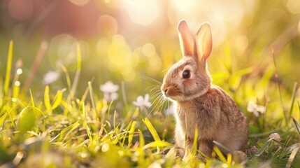 Bunny sits in sunny spring grass