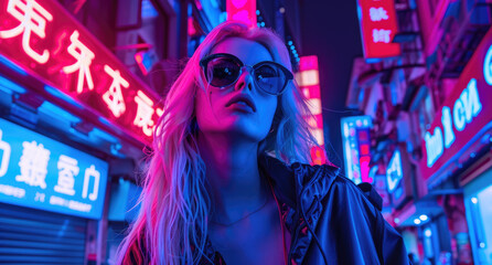 Wall Mural - blonde woman wearing streetwear, sunglasses, in front of neon billboard, night city background