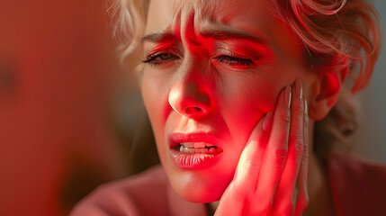 Wall Mural - Depressed sad elegant middle aged woman with tooth pain and dentistry. Woman suffering from terrible teeth pain. red glow showing the pain. toothache. Dental care and health concept