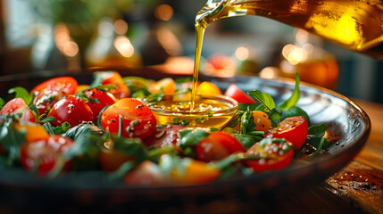 Wall Mural - Fresh crispy salad in a plate on the table is poured with aromatic vegetable oil. Vegetable salad with cherry tomatoes and herbs dressed with olive oil. Food concept, proper nutrition.