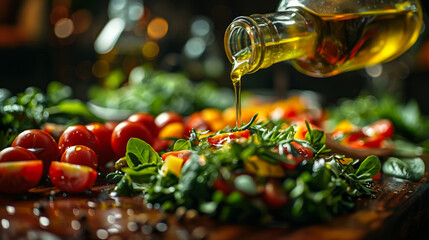 Fresh crispy salad in a plate on the table is poured with aromatic vegetable oil. Vegetable salad with cherry tomatoes and herbs dressed with olive oil. Food concept, proper nutrition.
